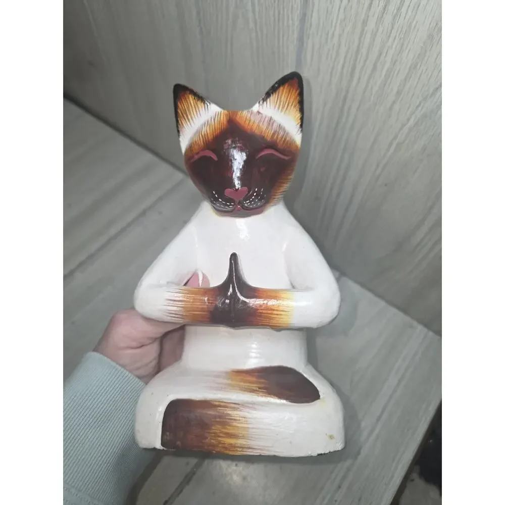 Handcrafted Yoga-Themed Siamese Cat Raintree Wood Sculpture Feline Yoga